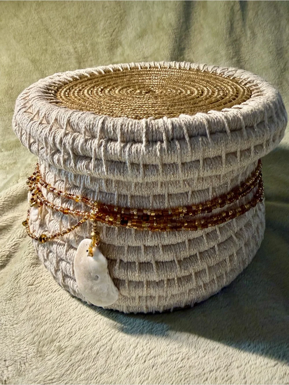 Handmade Art Coiled Basket  with Lid and embellishments of beading and shells